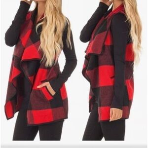 Cabin Core Cozy Red Black Buffalo Check Plaid Open Front Vest Winter Holiday